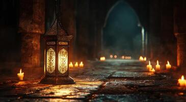 ai genererad ett islamic lykta Sammanträde i en mörk, torr, mörk rum med ljus lysande på den foto