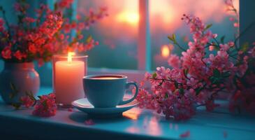 ai genererad en kopp av te med blommor och ljus foto