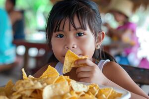 ai genererad flicka äter majs pommes frites, mexikansk nachos, mexikansk gata mat foto