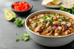 ai genererad mexikansk röd pozole rojo soppa med fläsk och grönsaker foto