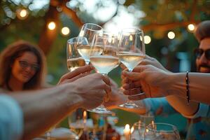 ai genererad vänner toasting vit vin och njuter utomhus- middag på trädgård restaurang foto