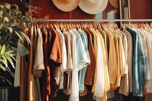 ai genererad kläder hänga på en kuggstång i en boutique, kuggstång av kläder i en Kläder Lagra foto
