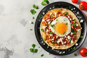 ai genererad mexikansk huevos rancheros ägg tostada, krypterade ägg, salsa, taco, tortillas, grönsaker, persilja foto