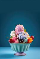 ai genererad gourmet smak av italiensk is grädde i vibrerande färger eras i enskild porslin kopp på en blå bakgrund foto