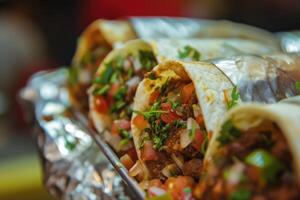 ai genererad mexikansk burrito med nötkött och grönsaker foto
