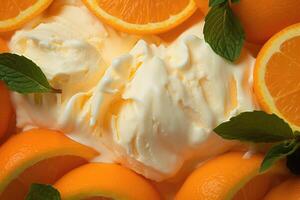 ai genererad utsökt uppfriskande krämig italiensk orange glass för en sommar efterrätt eller hämtmat, stänga upp full ram bakgrund textur foto