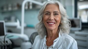 ai genererad en Lycklig senior kvinna poser för de kamera på de tandläkarens kontor foto