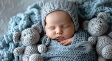 ai genererad nyfödd bebis pojke sovande i filt med björnar foto