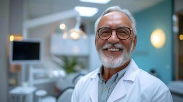 ai genererad en Lycklig senior man poser för de kamera på de tandläkarens kontor foto