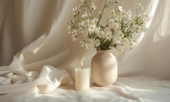 ai genererad ljus och blommor i en vas på bakgrund i vit glas foto