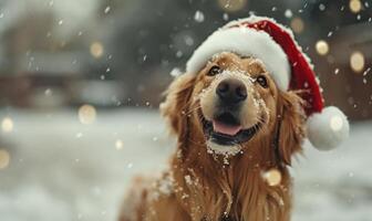 ai genererad en hund bär en santa hatt i de snö, foto