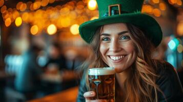 ai genererad ung glad kvinna i en stor grön pyssling hatt drycker öl i ett irländsk pub foto
