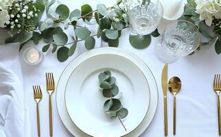 ai genererad en dining tabell med plats miljö och eukalyptus träd blad foto
