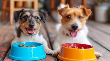 ai genererad två Lycklig hundar lyckligt äta deras mat från färgrik skålar foto