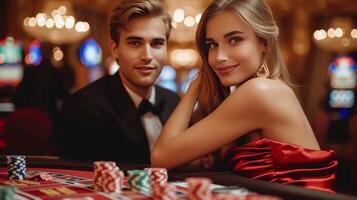 ai genererad en ung par spelar poker i en kasino. en man är klädd i en svart kostym, en kvinna är klädd i en röd satin klänning foto