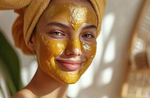 ai genererad skön kvinna bär honung mask i de morgon- med vit ansiktsbehandling hud foto