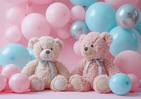 ai genererad teddy björnar och ballonger på en rosa bakgrund för bebis flicka foto