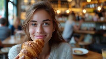 ai genererad ung skön flicka äter en stor croissant i en parisian Kafé foto