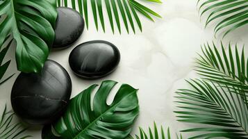 ai genererad massage löv och svart stenar på en vit bakgrund foto