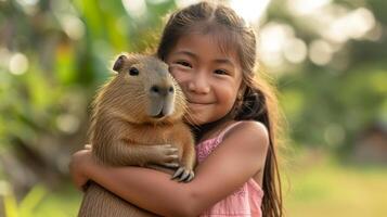 ai genererad en liten flicka innehar en capybara i en rosa klänning i henne vapen foto