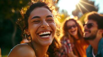 ai genererad en grupp av vänner skrattande med vit tänder i de solljus under en picknick i de parkera foto