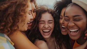 ai genererad grupp av kvinnor Lycklig och kram med firande skrattande vänskap mål foto