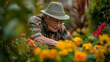 ai genererad åldring samhälle gammal man i en hatt och pläd skjorta dekorera hans blomma trädgård ensam foto