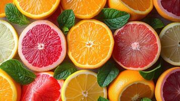 ai genererad ett elegant bakgrund med skivor av olika citrus- frukt tycka om apelsiner, citroner, och lime anordnad konstnärligt för en friskhet. foto