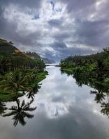 landskap se av flod reflexion och skog foto