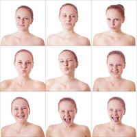 ung kvinna som visar annorlunda ansiktsbehandling uttryck foto