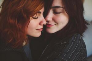 ai genererad lesbisk par två öm kvinna i kärlek foto