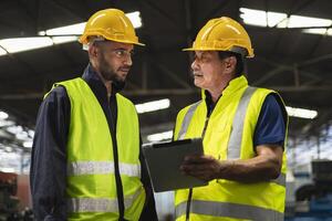 två ingenjör se projekt och planera med läsplatta mobil i fabrik foto