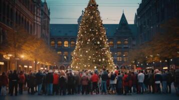 ai genererad en traditionell jul scen, fångande de glädje och värme av de Semester med santa claus, en flicka, och en vackert dekorerad träd i en mysigt rum. foto