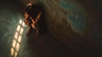 ai genererad depression kvinna i en hörn av rum solljus genom fönster barer. foto