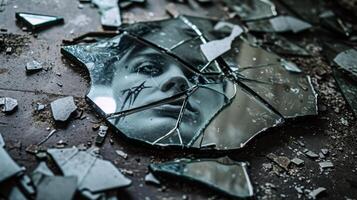ai genererad kvinna ansikte reflekterande i bruten spegel på de golv psykopat mental sjukdom foto