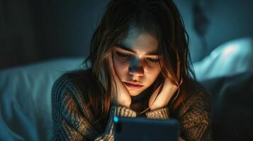 ai genererad emotionell vägtull kvinna tonåring stirrande på smartphone i mörk rum foto
