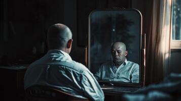 ai genererad ett skallig gammal man är Sammanträde, reflekterande på en spegel, i en mörk rum med solljus genom de fönster. foto