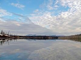 flod landskap tidigt vår. bar träd, smältande snö. foto