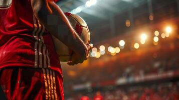 ai genererad oigenkännlig fotboll spelare innehav fotboll boll, stadion verkan foto