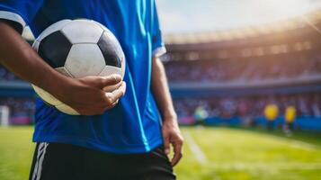 ai genererad fotboll idrottare i handling, professionell fotboll spelare på stadion fält foto