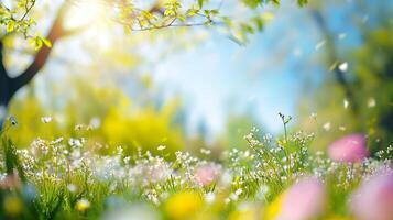 ai genererad solig dag i natur, suddig vår bakgrund med blomning träd och blå himmel foto