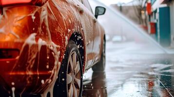 ai genererad bil spa erfarenhet, effektiv bil tvätta med skum och vatten foto