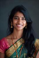 ai genererad smiley indisk kvinna, strålande glädje i en medium skott foto