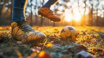 ai genererad fotboll handling, sida se av fotboll känga sparkar boll foto