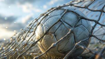 ai genererad fotboll boll brytning mål netto, dynamisk sporter ögonblick foto