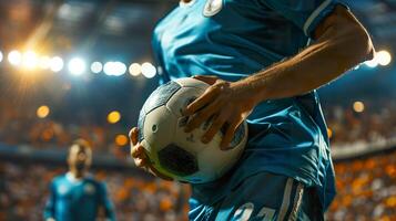 ai genererad oigenkännlig fotboll spelare innehav fotboll boll, stadion verkan foto