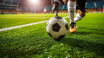 ai genererad fotboll match intensitet, spelare dribblingar på stor stadion fält foto