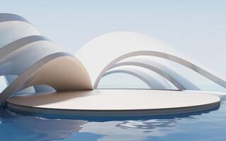 kreativ geometri byggnad med vatten yta, 3d tolkning. foto