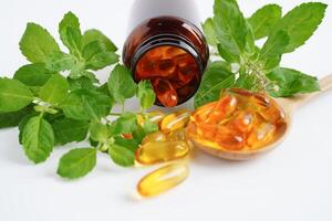 alternativ medicin ört organisk kapsel med vitamin e omega 3 fiskolja, mineral, läkemedel med örter blad naturliga kosttillskott för ett hälsosamt gott liv. foto