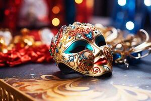ai genererad närbild av en färgrik karneval mask, ett grundläggande element för de fest. karneval mask markerad, visning dess rikedom av färger på en yta. foto